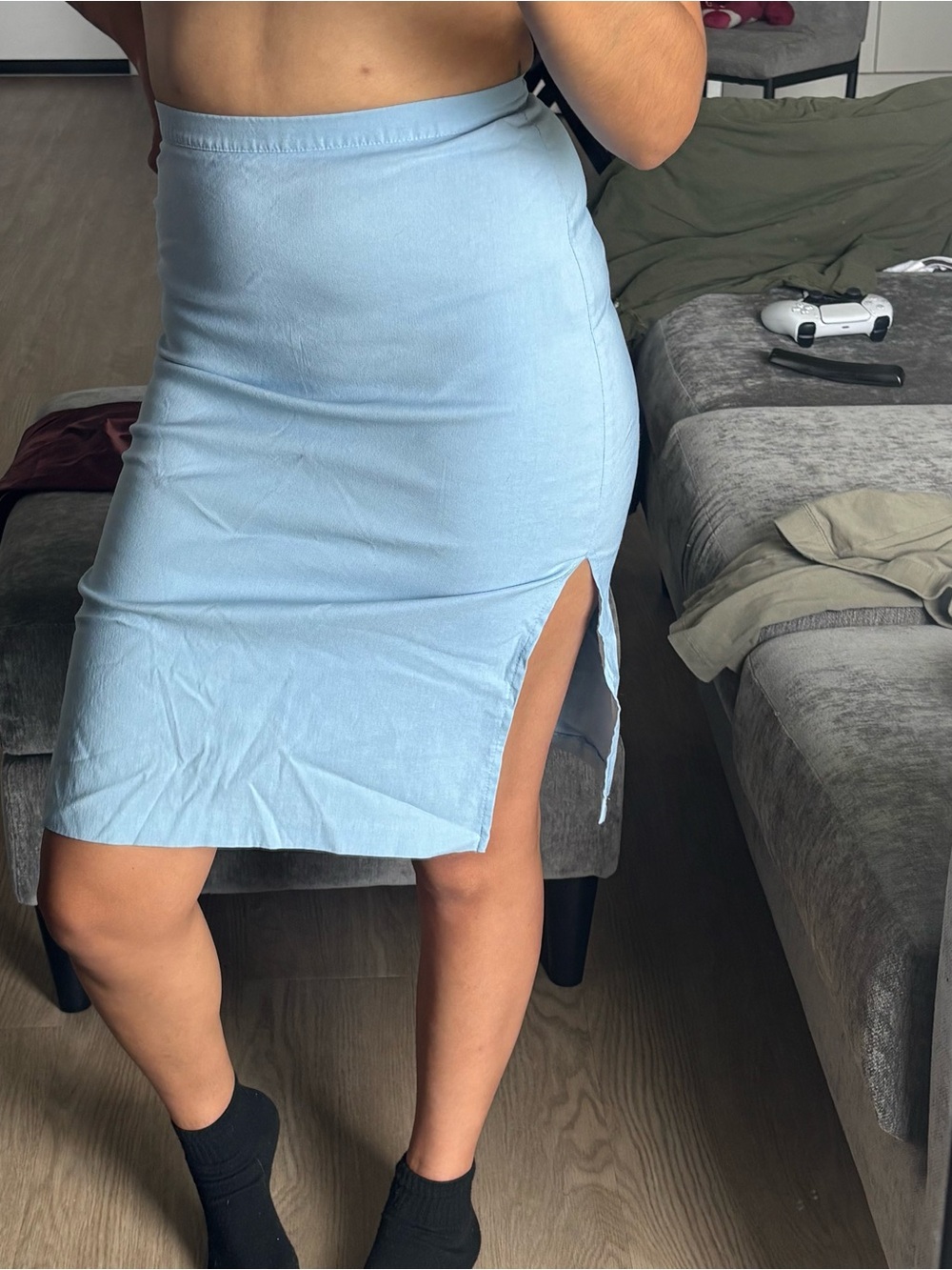 Light Blue Double Side-Slit Midi Skirt - Women's Casual Pencil Skirt